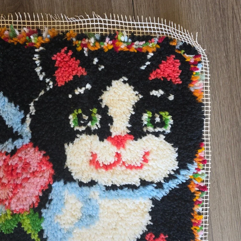 Vintage Latch Hook Rug Black Tuxedo Cat with Rose and Blue Bow & Hearts Raw Edge